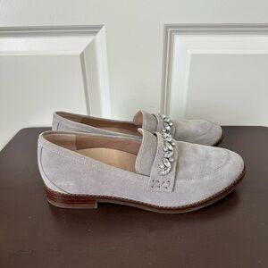 Vionic Avvy Loafer Light Grey Suede Shoes Slip On Rhinestones